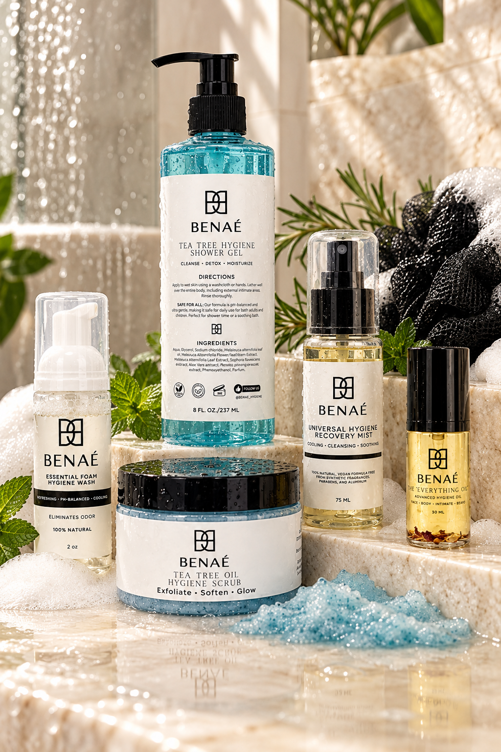 Benae foam wash, Tea Tree shower gel, body scrub, Recovery Mist and Everything Oil